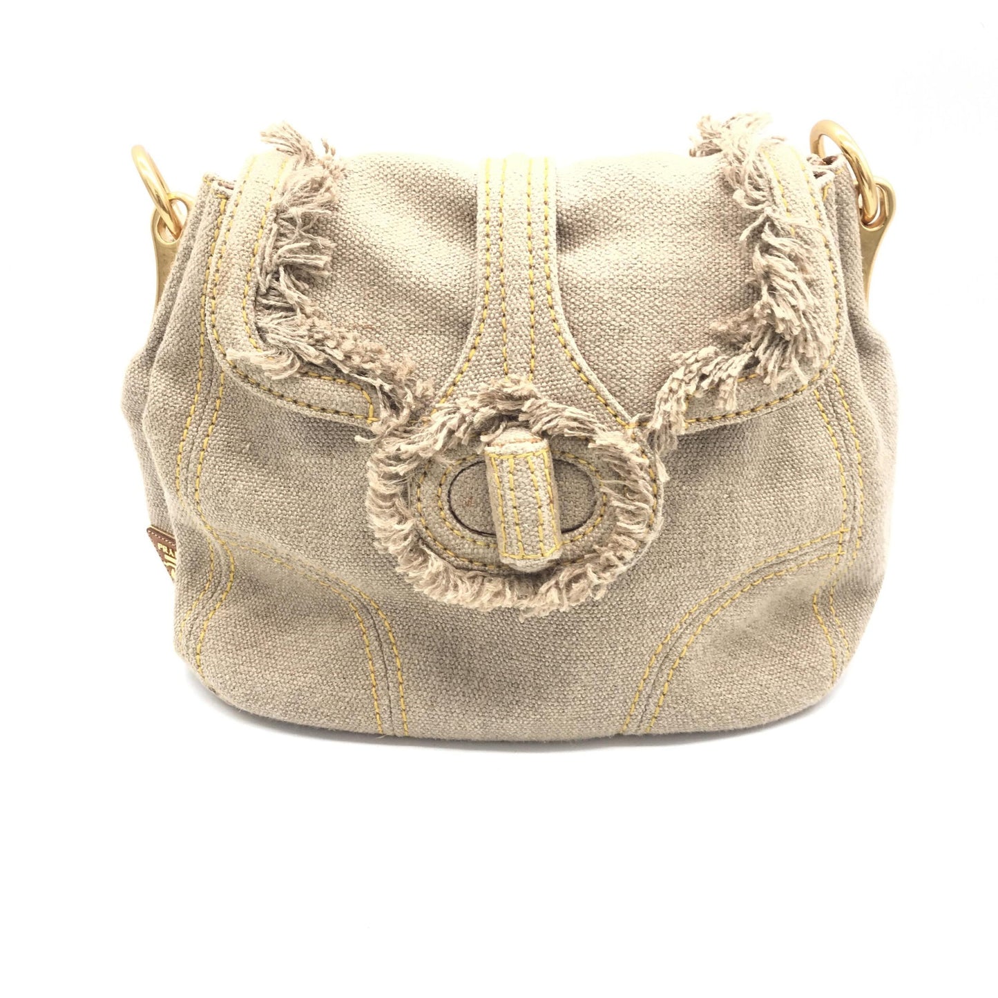 Prada Fringe Canvas Crossbody Handbag With Gold Accents